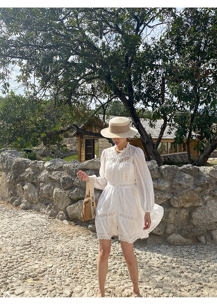 Robe blanche française à manches longues pour femme, style vacances