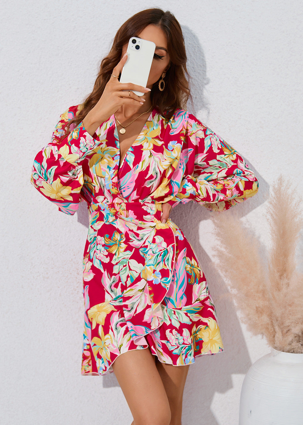 Women's Fashionable Simple Flower Printed Waist-controlled Long Sleeve Dress