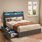 Full Size Bed Frame With LED, 4 Under-bed Portable Storage Drawers, Wings Headboard Design