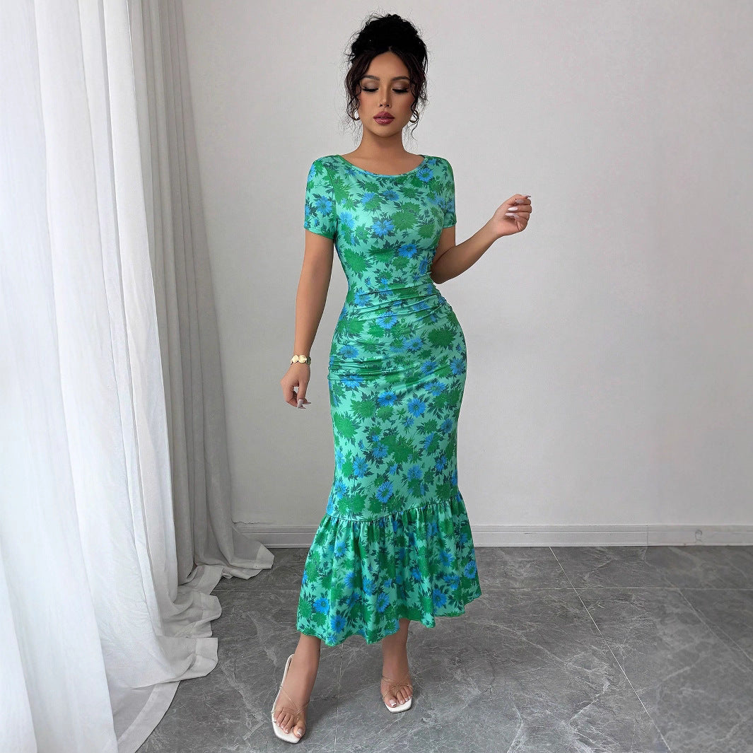 French-Elegant Floral Print Ruffle Hem Body-Slimming Dress