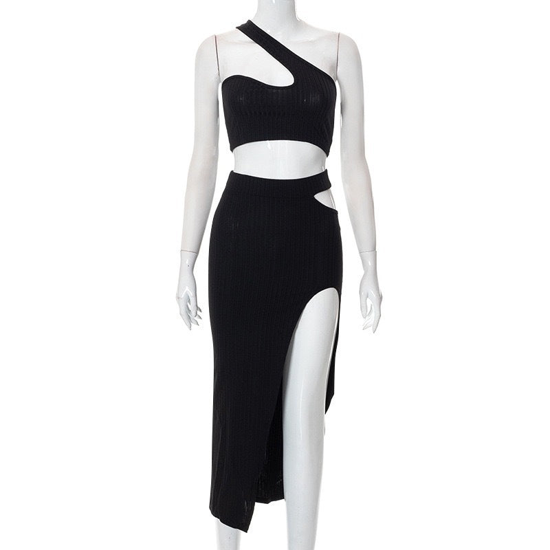 Summer Fashion Temperament Slim Fit Spicy Girl Outfit Solid Color Slit Thread Skirt Set