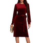 Women's Solid-Color Long-Sleeve Fitted Waist Velvet Dress