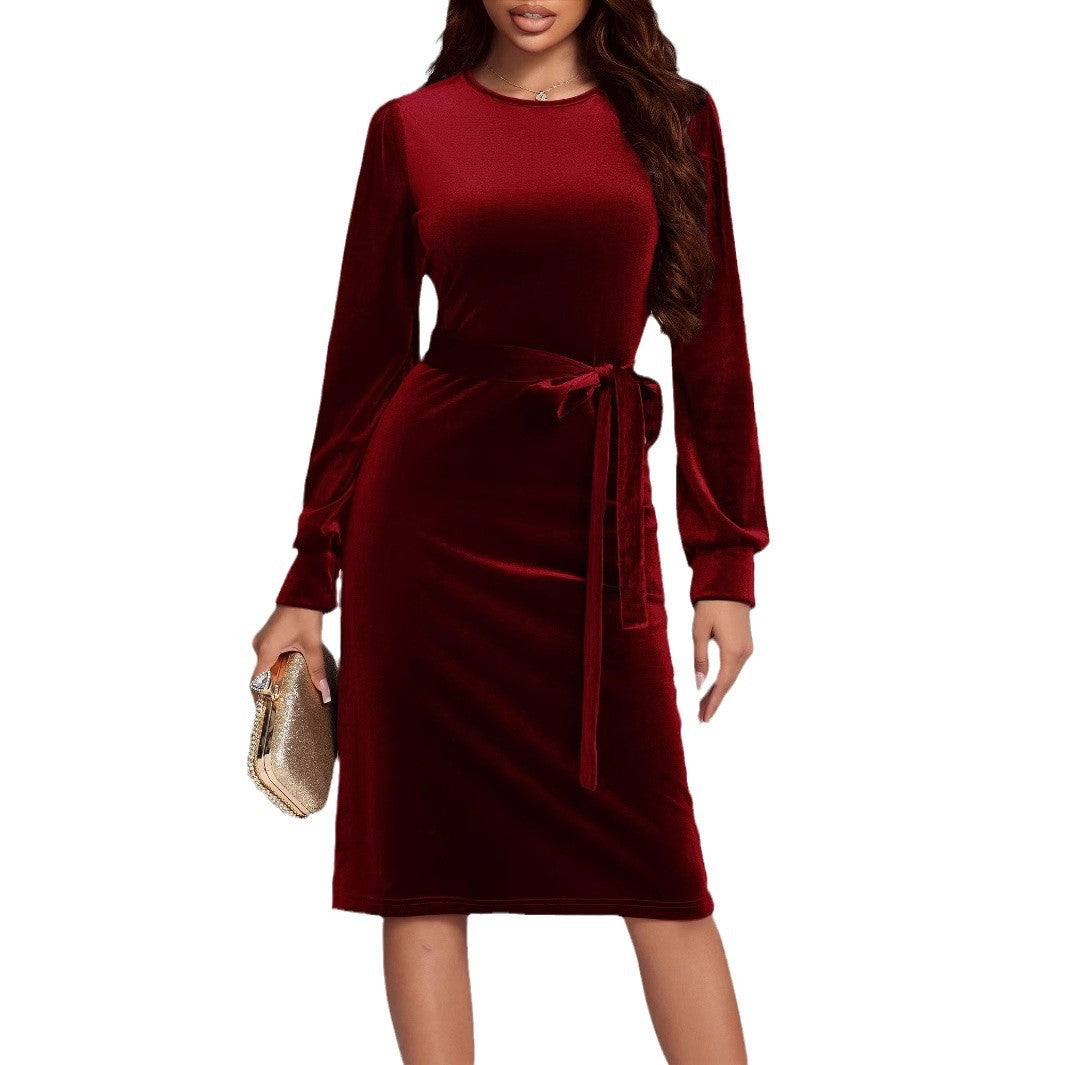 Women's Solid-Color Long-Sleeve Fitted Waist Velvet Dress