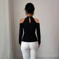 Hollow Out Shoulder-baring Applique Pleated Curved Hem Slim Top