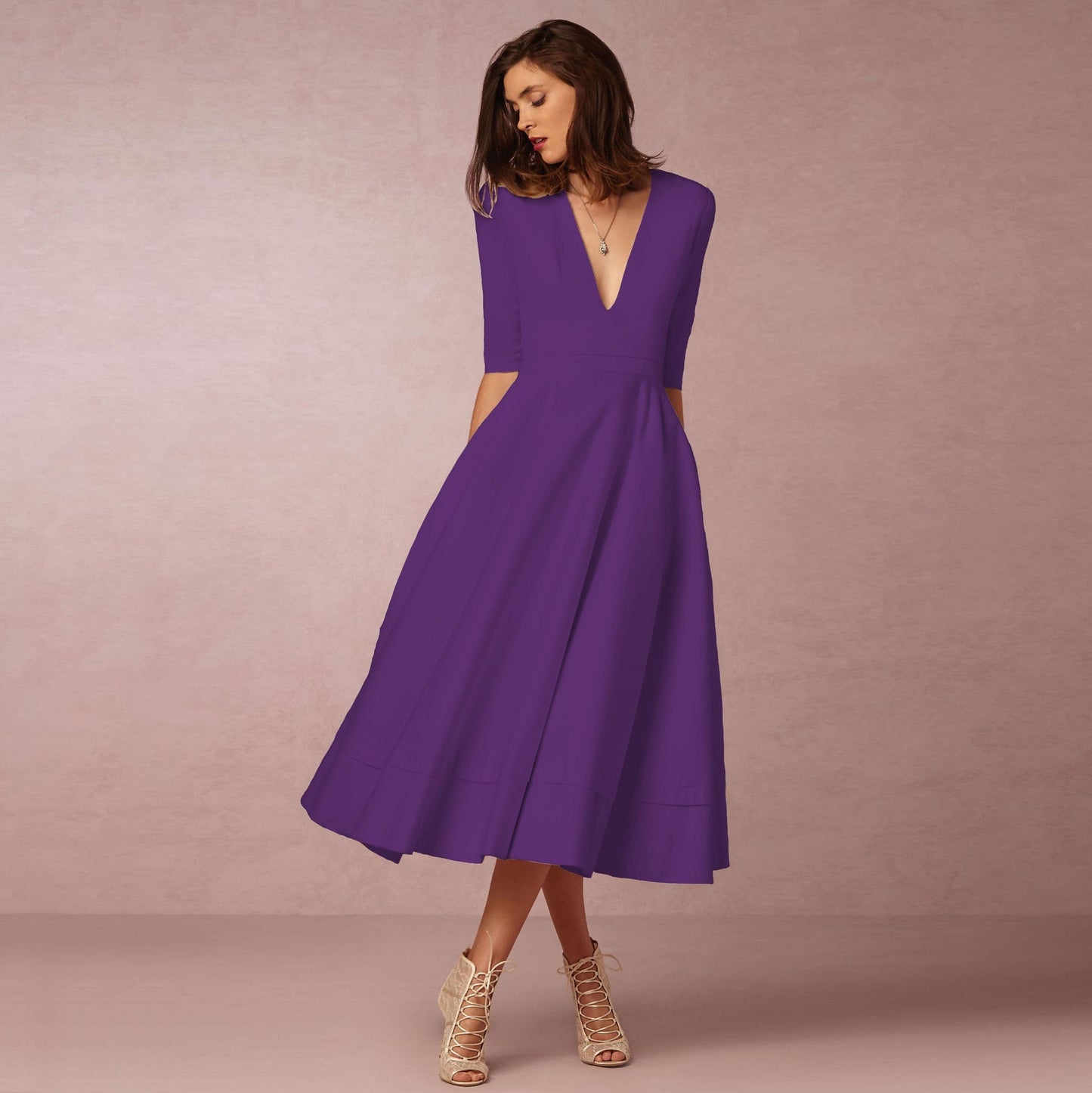 Women's Clothing Evening Dress Deep V Mid-sleeve Large Swing Dress