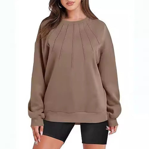 Pull ample et décontracté à col rond et plissé pour femme