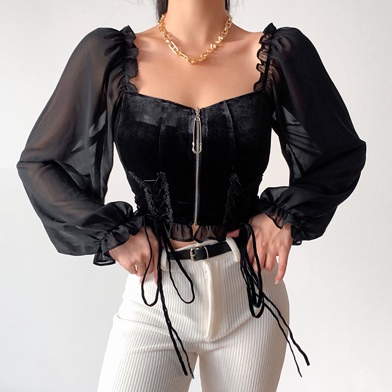 Temperament Square Neck Puff Sleeve Top Women's Niche Design Sense Strap Zipper