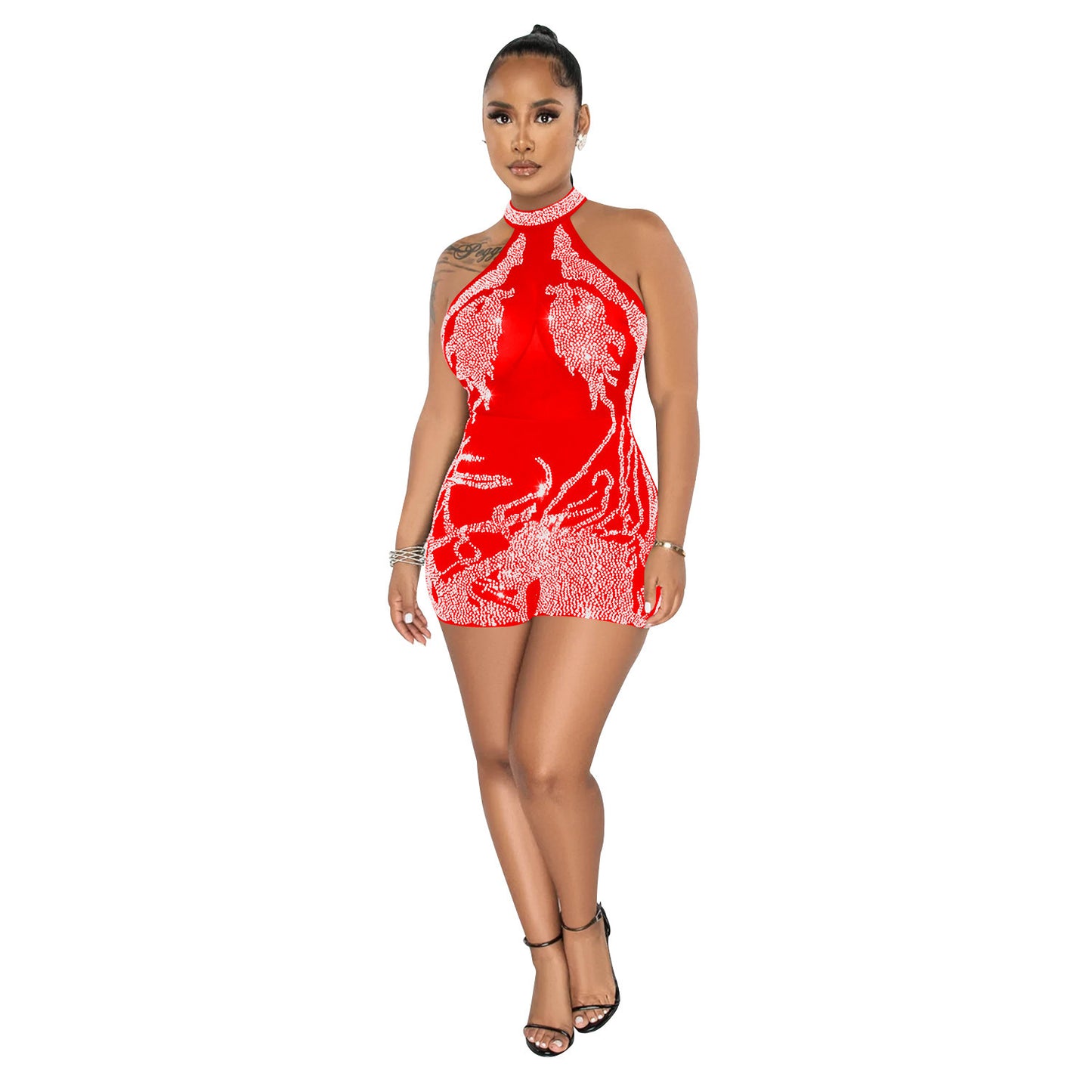 Combinaison moulante en maille strass pour femme