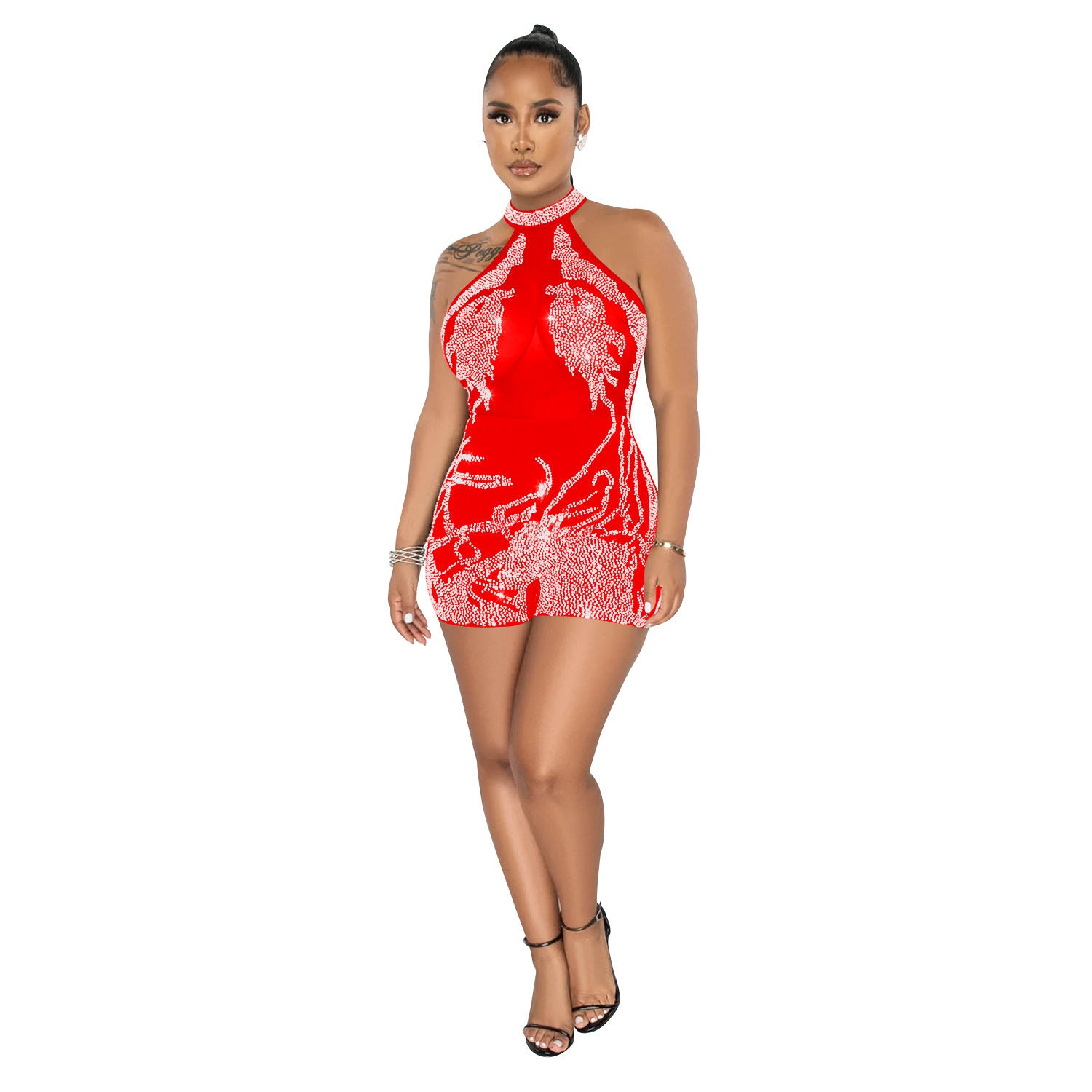 Women's Skinny Mesh Rhinestone Jumpsuit