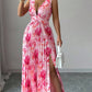 Womens Sexy Deep V-Neck Sleeveless Printed Dress With Slit Hem And Pleats