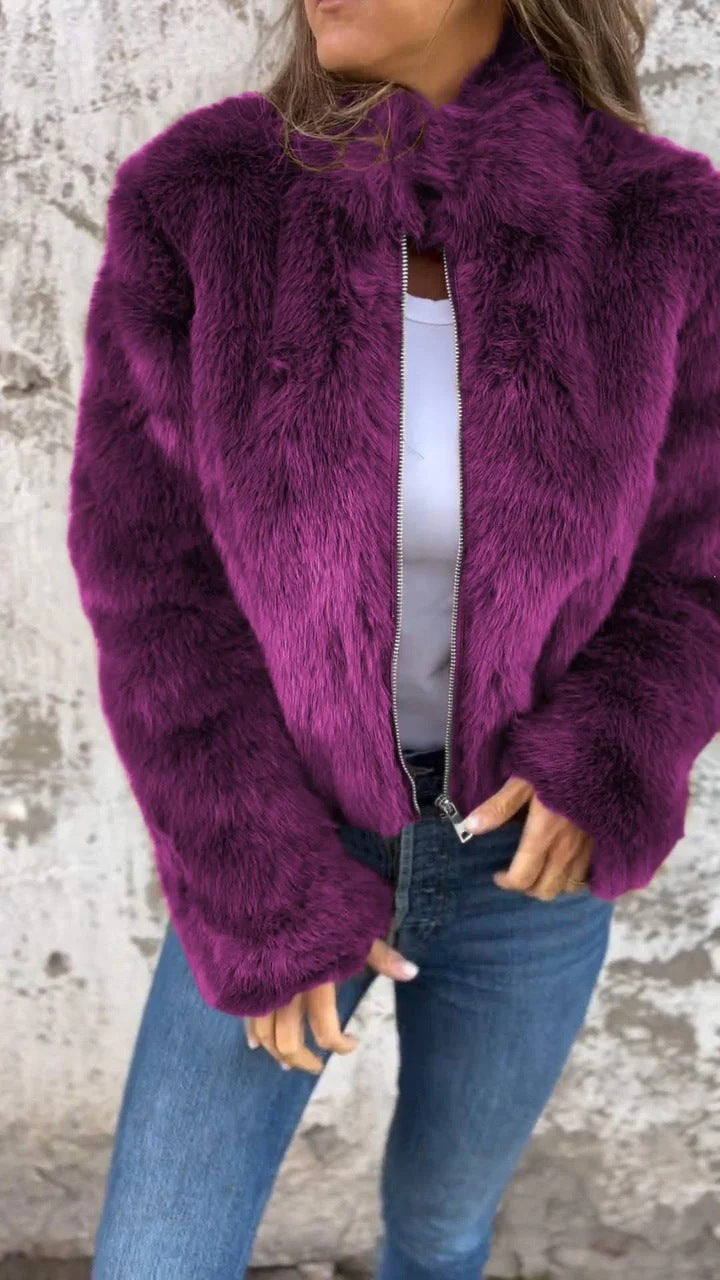 Veste en peluche à col montant tendance pour femme, manteau d'hiver décontracté à col roulé et fermeture éclair, polaire