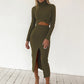 High-neck Long-sleeve T-shirt High-waist Wrap Slit Skirt Casual Set