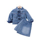 Bow Button Shirt Denim Skirt Set