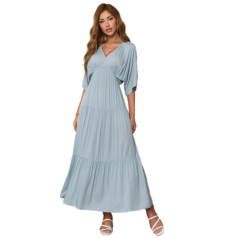 Robe à col en V et manches chauve-souris pour femme