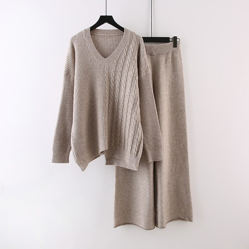 Pull uni à col en V, nouvelle collection automne-hiver, ample, décontracté, tricoté, pantalon large assorti, costume deux pièces