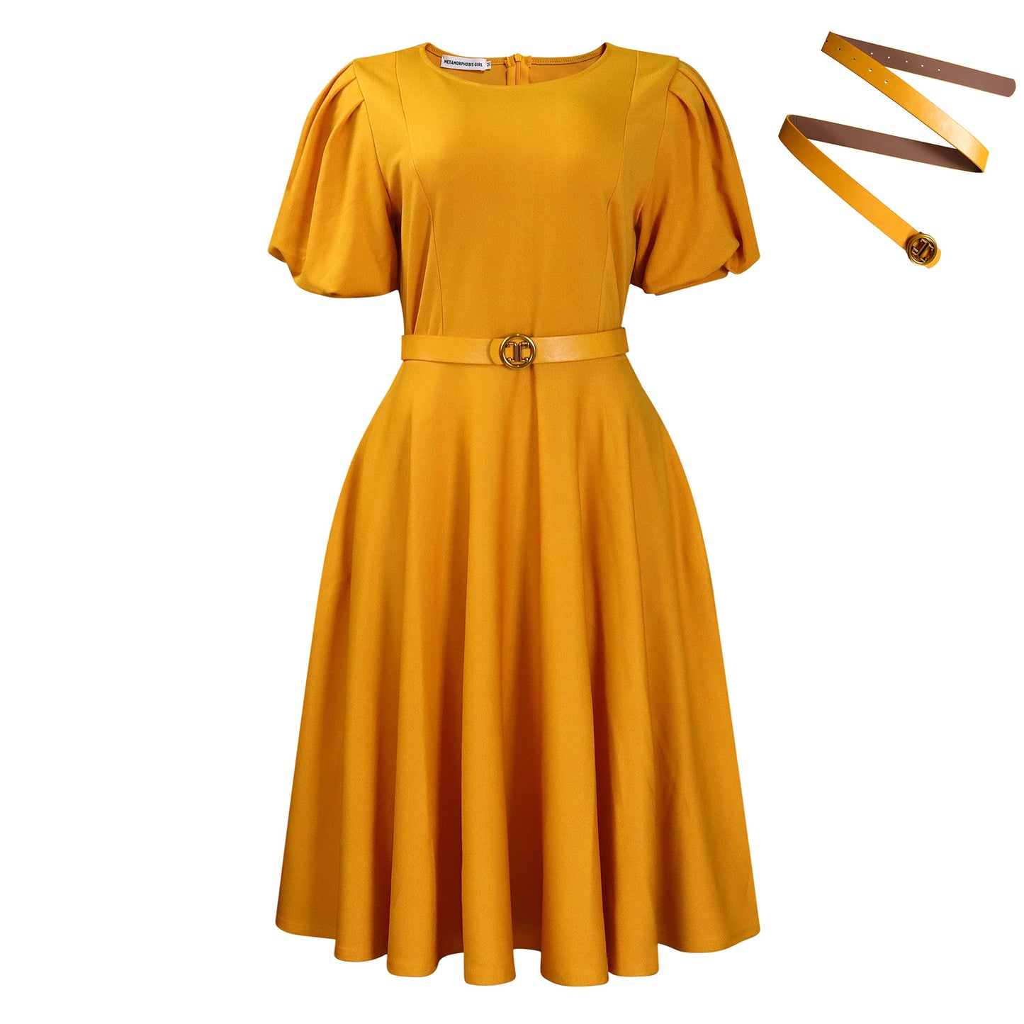 Elegant High-waisted Solid-color Round-neck Dress With Fashionable Balloon Sleeves