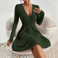 European And American Women's V-neck Waist-cinching Popular Fabric Ribbed Brushed Long-sleeve Dress