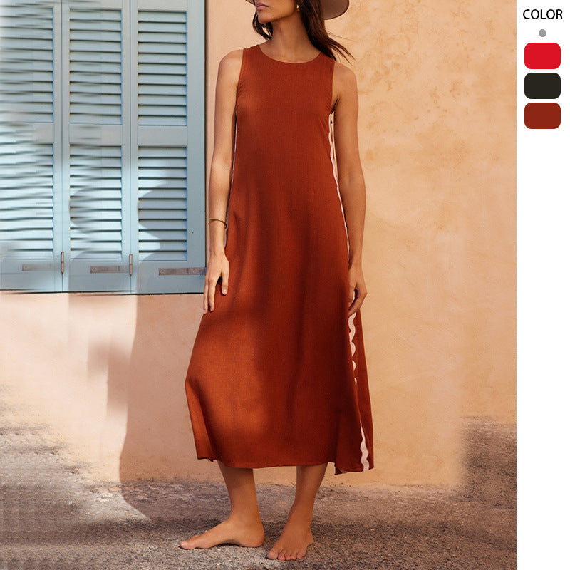 Robe décontractée sans manches, col rond, couleur unie, coutures en dentelle fendue