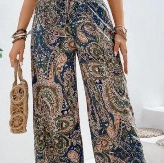 Pantalon large à imprimé cachemire bohème