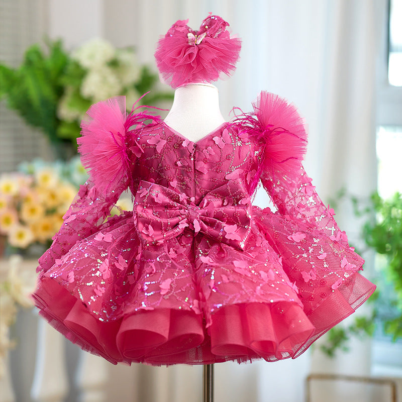 Rose Red Butterfly Sequined Long Sleeve Princess Children's Birthday Party Dress