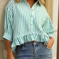 Women's Casual Loose Striped Shirt With Ruffled Hem And Short Sleeves