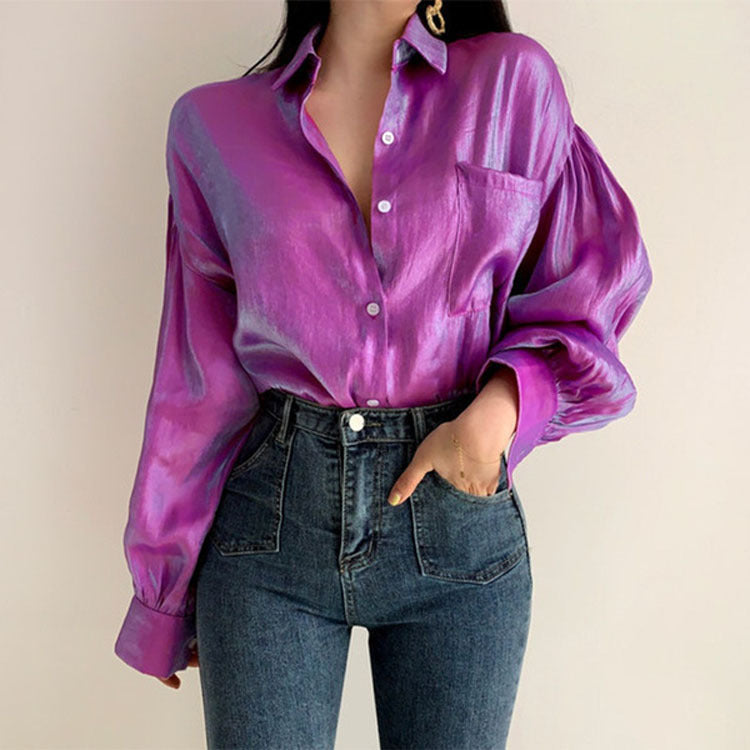 Lantern Sleeve Long Sleeve Shirt With Lapel Pocket
