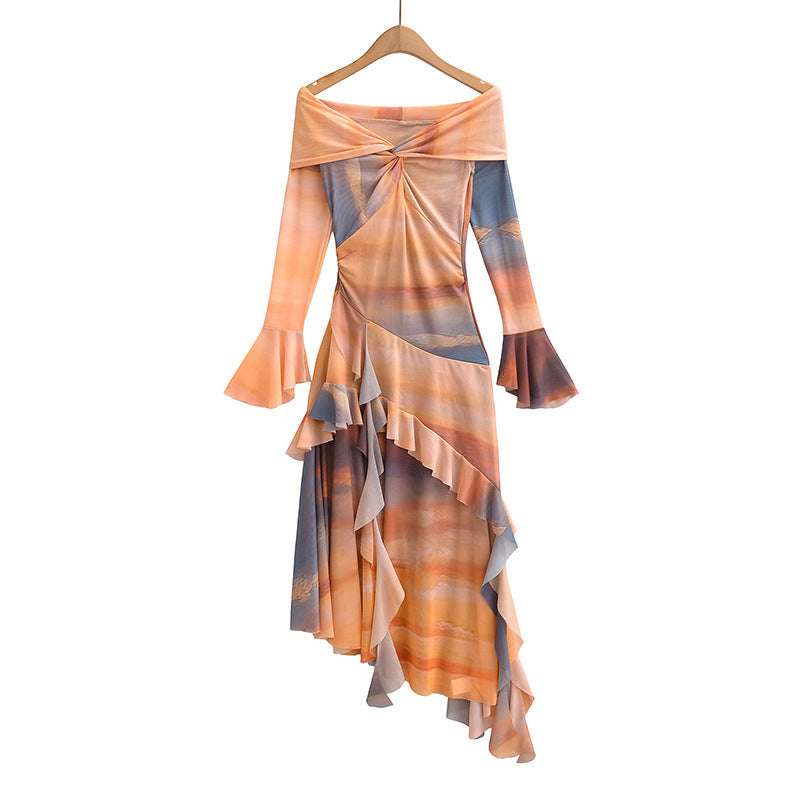 Robe à manches longues irrégulières tie-dye de style européen et américain pour femme