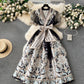 Vintage Printed Lace Up Waist-tight Long French Puff Sleeve Temperament Dress