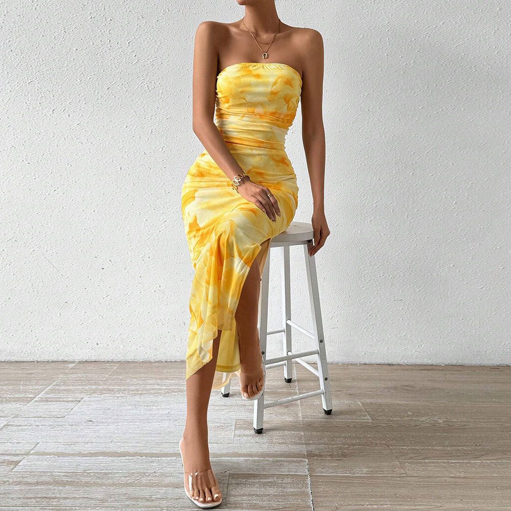 Women's Mesh Floral Print Dress New High Waist Slim Slit Tube Top
