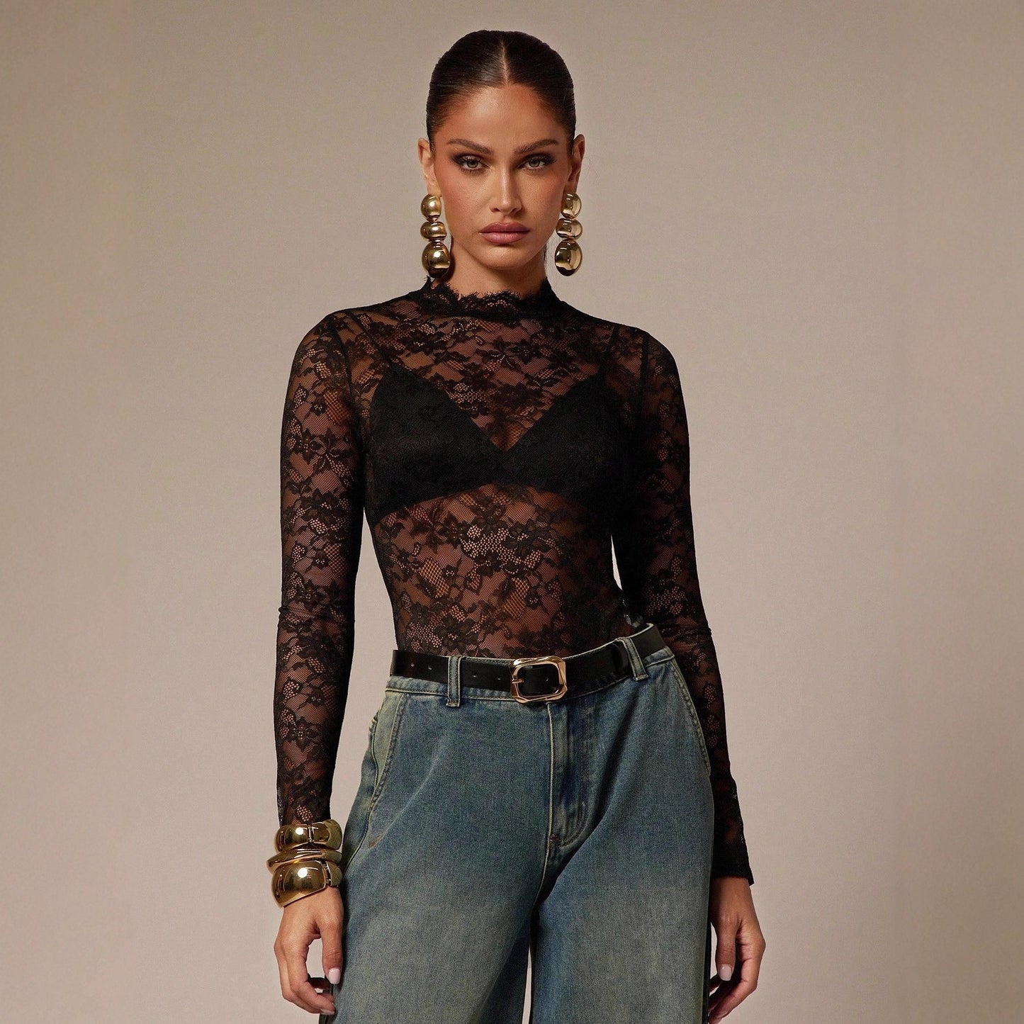 Womens Solid-Color Lace Bodysuit With Small Stand Collar And Long Sleeves