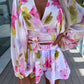 Chiffon Pleated Lantern Sleeve Long Sleeve V-neck Shirt Elastic Waist Straight Shorts Printing Suit
