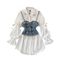 Ensemble deux pièces chemise à manches bouffantes et haut à pompons et perles