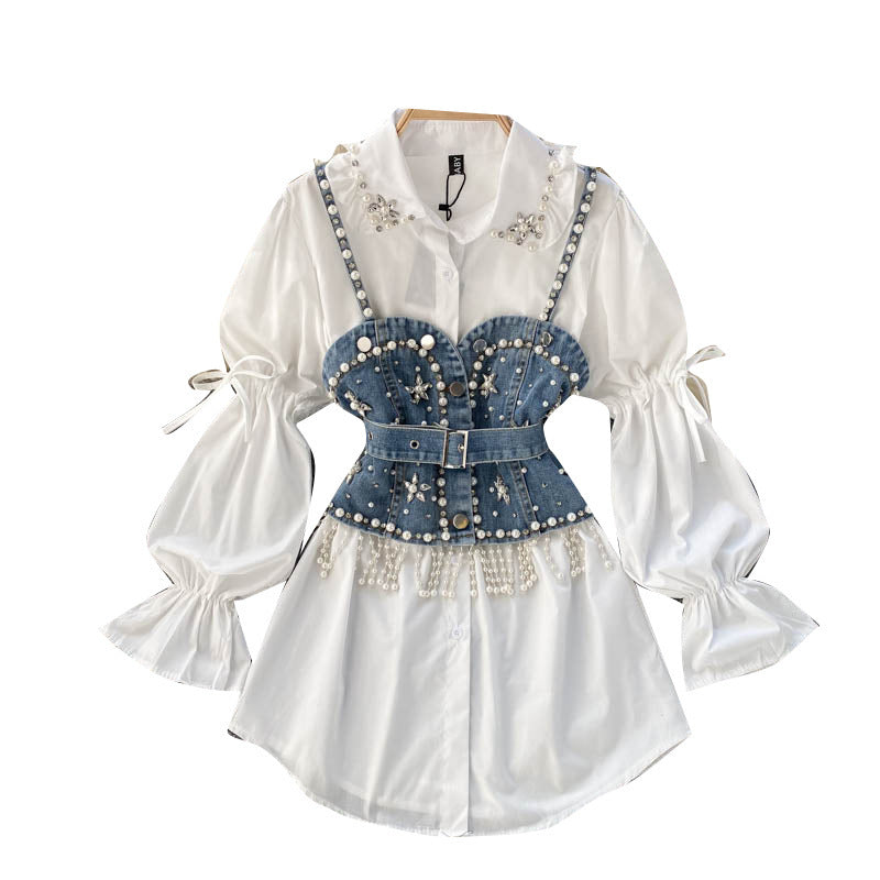 Ensemble deux pièces chemise à manches bouffantes et haut à pompons et perles