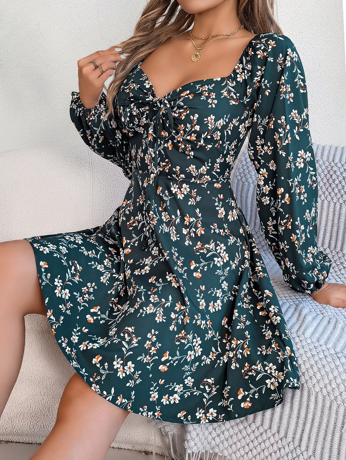 Robe à imprimé floral à manches lanternes, décontractée et sexy, col carré, manches longues, coupe trapèze, vêtements pour femmes