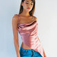 Sling Solid Satin U-Neck Bow Irregular Backless Top