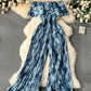 Ruffled Off-shoulder Slim-fit Long Blooming Pleated Wide-leg Pants