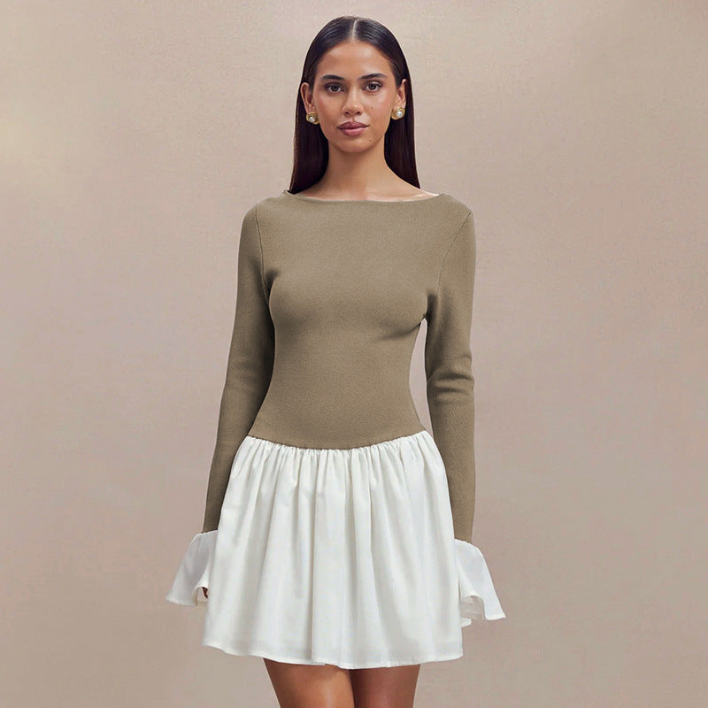 Fashion Color-block Round Neck Trumpet Sleeve Dress For Women