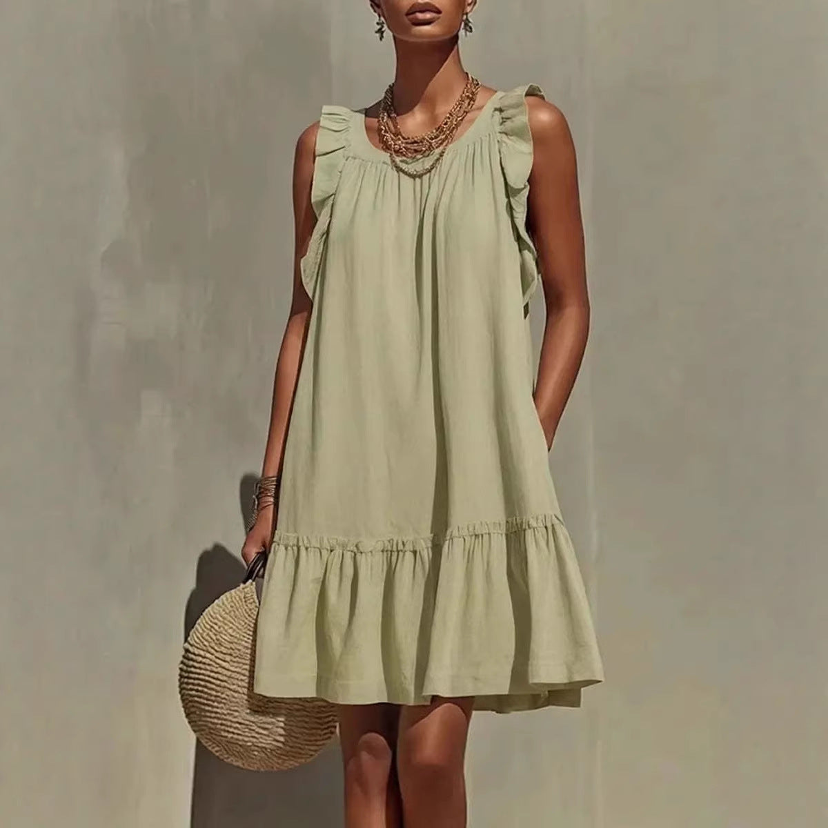New Stylish Casual Loose Round-Neck Sleeveless Ruffle-Trim Dress