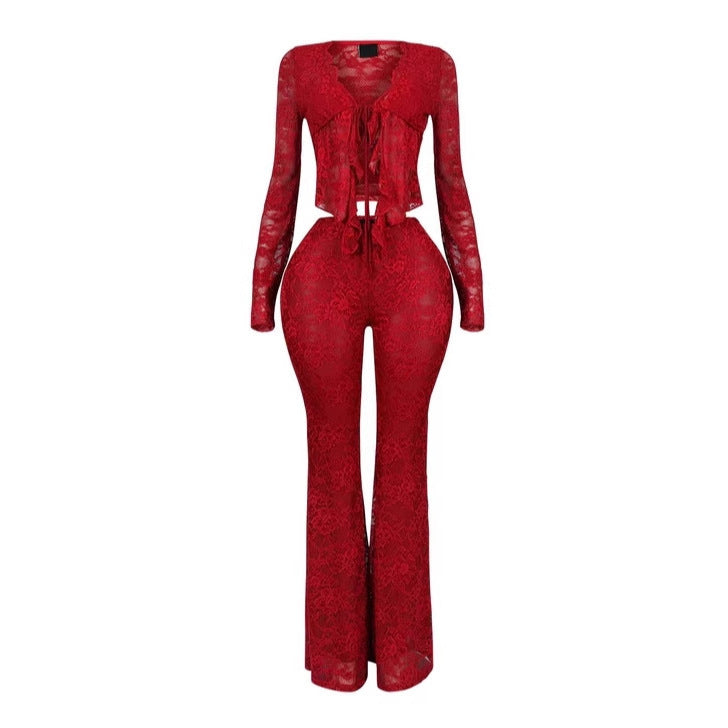 Women's Lacing Hollow Cardigan Long Sleeve Pants Two-piece Suit