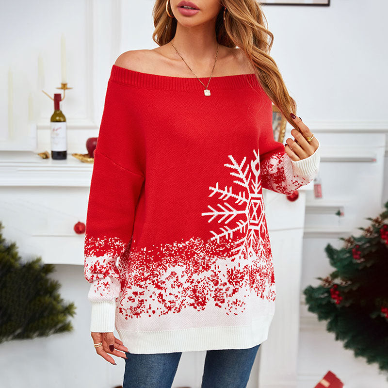 Pull de Noël décontracté à épaules dénudées pour femme, motif petit flocon de neige