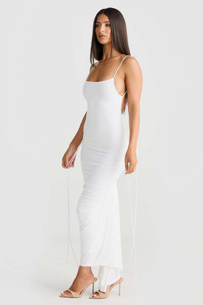 Robe fourreau plissée longue à col en U et bretelles dos nu, couleur unie