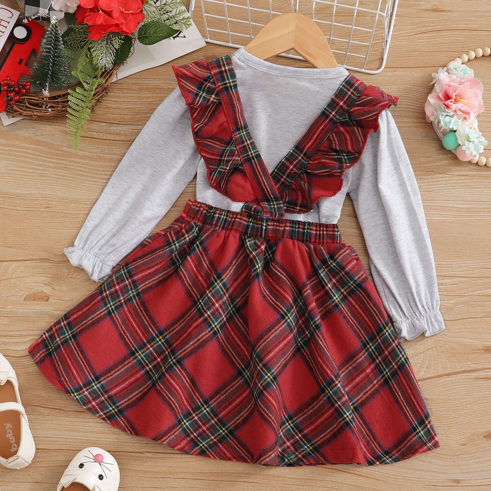 Robe salopette à carreaux à manches longues et imprimé lettres de style Noël pour filles