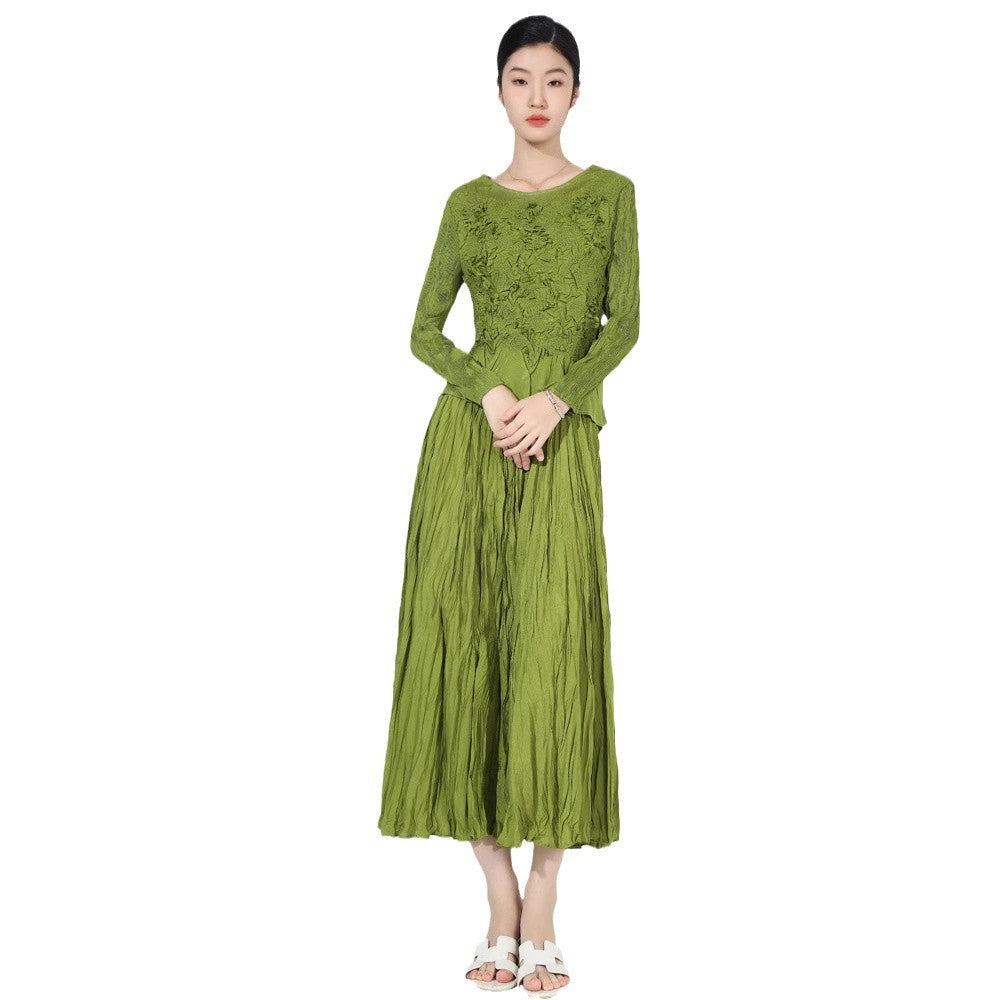 Solid Color Embroidered Long-sleeved Top Handmade Pleated Two-piece Overskirt Suit