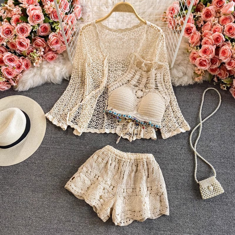 Cardigan Jacket High Waist Crocheted Shorts Beach Holiday Spring Casual Suit