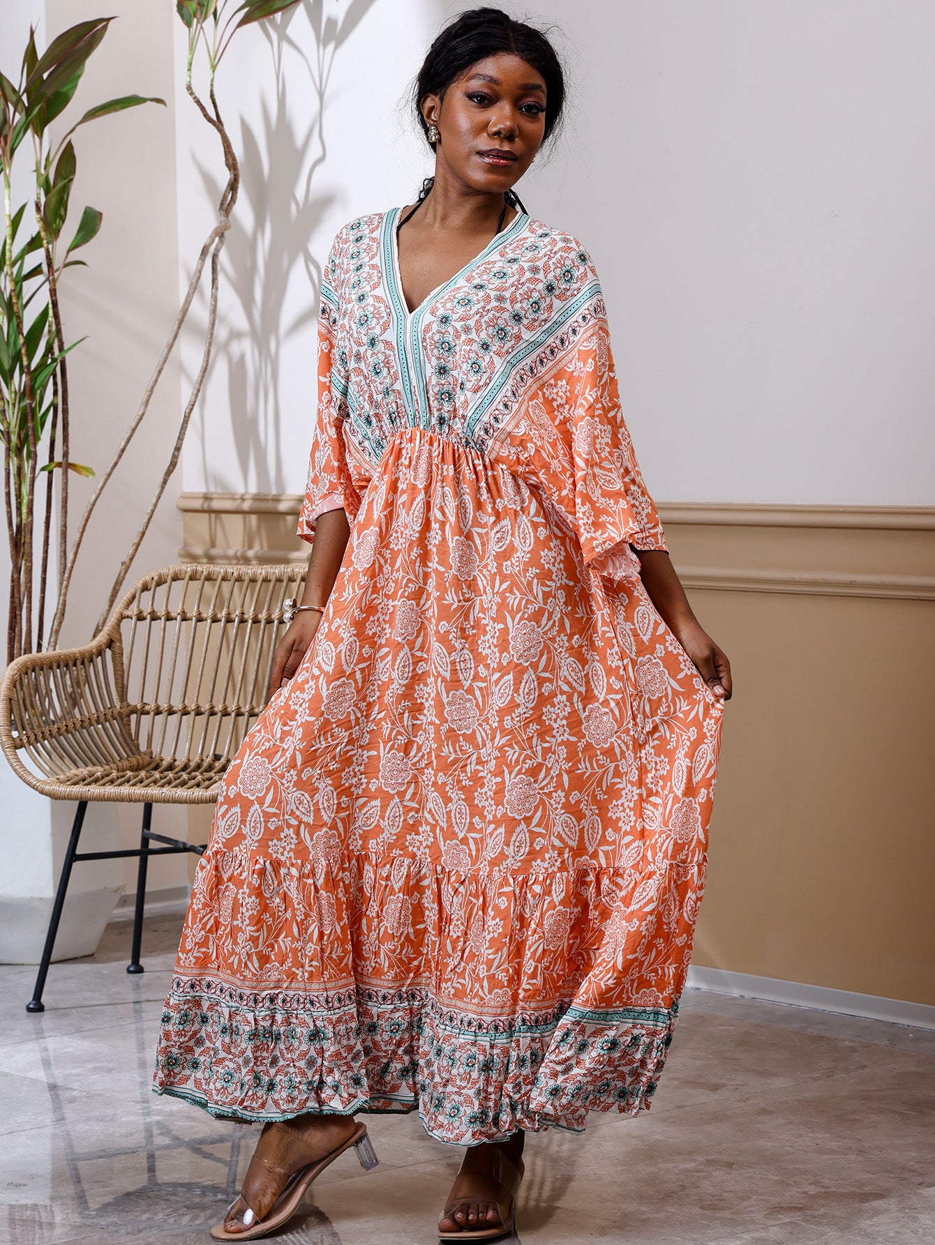 V-neck Beach Vacation Bat Sleeve Bohemian Dress