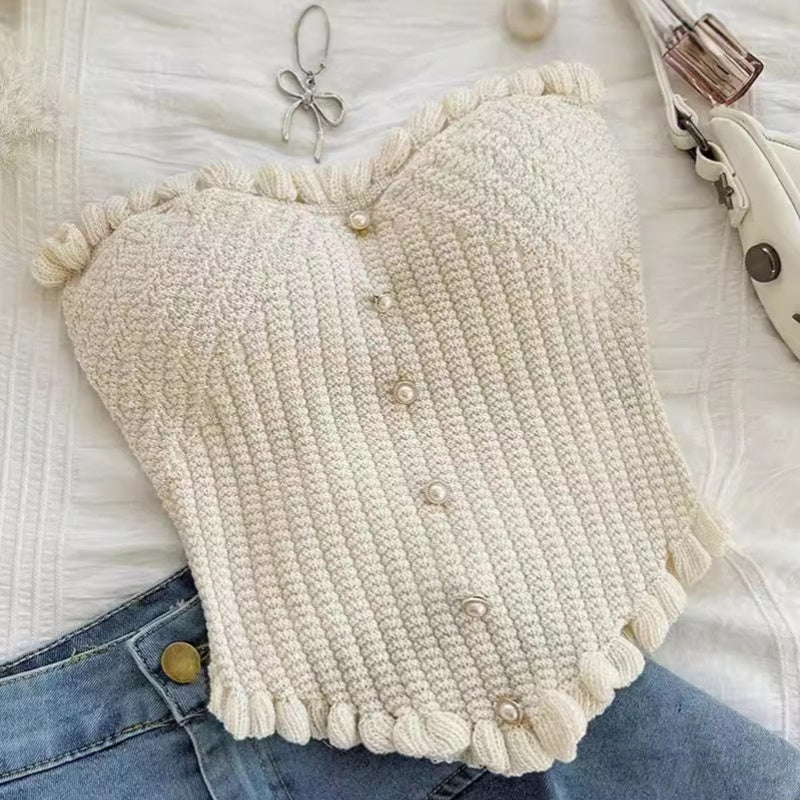 White Knitted Fabric Tube Top New Knitted Slim Fit Single Row Multi-buckle