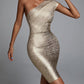 Nouvelle robe bandage, robe une pièce, épaules obliques, dorée, élégante, mode, style européen et américain, offre spéciale