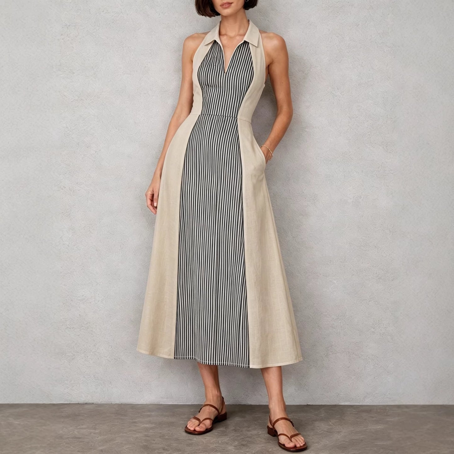 Womens Shirts Collar Defined Waistline Striped Long Swing Dress