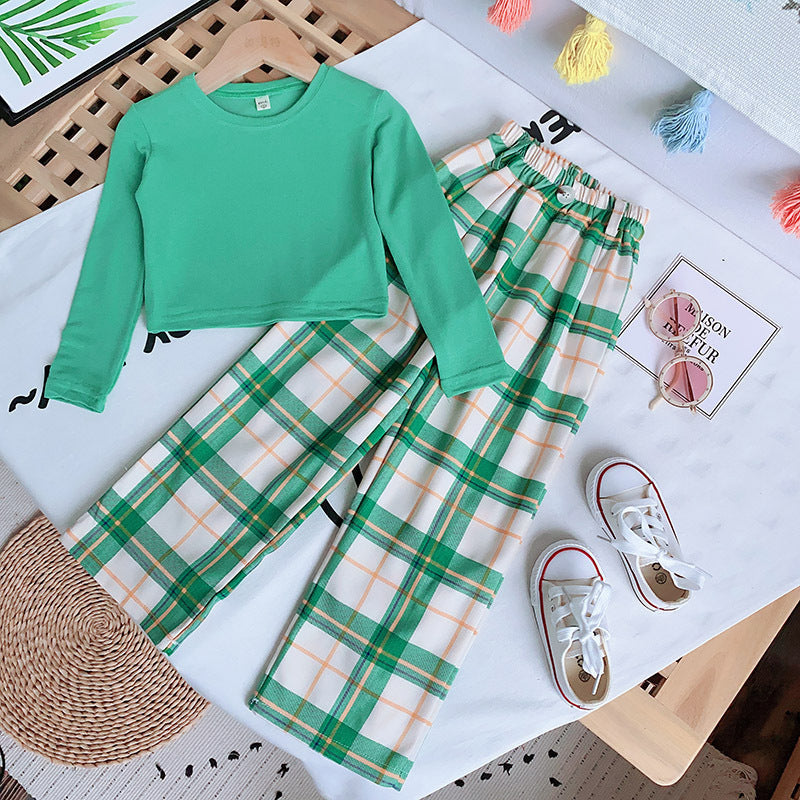 Fashion Girls Top Plaid Wide Leg Pants Set