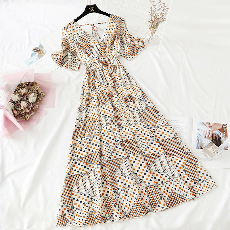Chiffon Dress Female French Platycodon Floral Long Skirt Waist Was Thinner